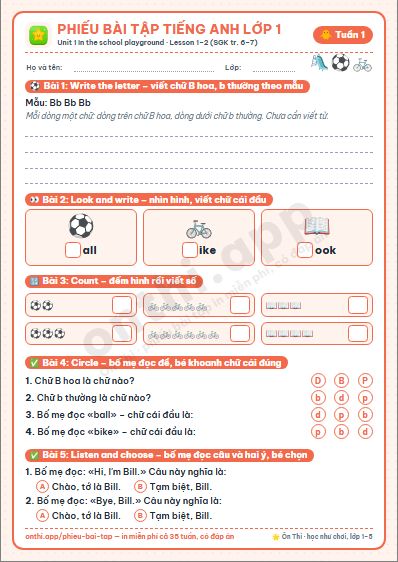 Phiếu bài tập cuối tuần Tiếng Anh lớp 1 tuần 1 đẹp, in màu: Unit 1 In the school playground · Lesson 1–2 (SGK tr. 6–7)