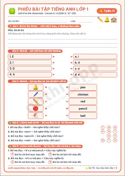 Phiếu bài tập cuối tuần Tiếng Anh lớp 1 tuần 11 đẹp, in màu: Unit 6 In the classroom · Lesson 2–3 (SGK tr. 27–28)