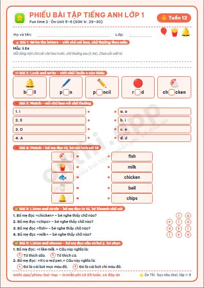 Phiếu bài tập cuối tuần Tiếng Anh lớp 1 tuần 12 đẹp, in màu: Fun time 2 · Ôn Unit 5–6 (SGK tr. 29–30)