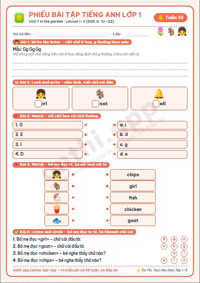 Phiếu bài tập cuối tuần Tiếng Anh lớp 1 tuần 13 đẹp, in màu: Unit 7 In the garden · Lesson 1–2 (SGK tr. 31–32)