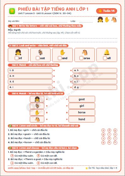 Phiếu bài tập cuối tuần Tiếng Anh lớp 1 tuần 14 đẹp, in màu: Unit 7 Lesson 3 · Unit 8 Lesson 1 (SGK tr. 33–34)