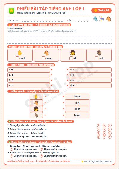 Phiếu bài tập cuối tuần Tiếng Anh lớp 1 tuần 15 đẹp, in màu: Unit 8 In the park · Lesson 2–3 (SGK tr. 35–36)