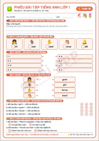 Phiếu bài tập cuối tuần Tiếng Anh lớp 1 tuần 16 đẹp, in màu: Review 2 · Ôn Unit 5–8 (SGK tr. 37–39)