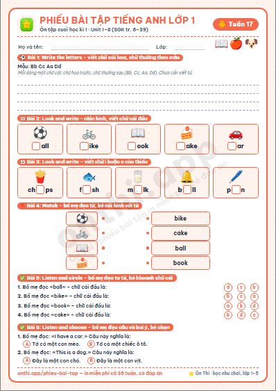 Phiếu bài tập cuối tuần Tiếng Anh lớp 1 tuần 17 đẹp, in màu: Ôn tập cuối học kì 1 · Unit 1–8 (SGK tr. 6–39)