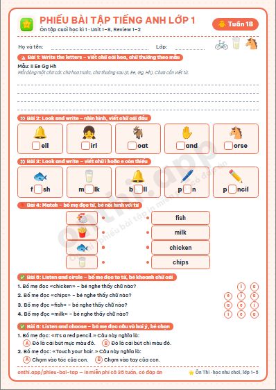 Phiếu bài tập cuối tuần Tiếng Anh lớp 1 tuần 18 đẹp, in màu: Ôn tập cuối học kì 1 · Unit 1–8, Review 1–2
