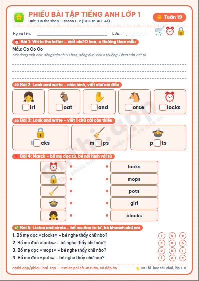Phiếu bài tập cuối tuần Tiếng Anh lớp 1 tuần 19 đẹp, in màu: Unit 9 In the shop · Lesson 1–2 (SGK tr. 40–41)