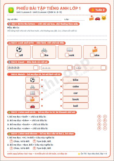 Phiếu bài tập cuối tuần Tiếng Anh lớp 1 tuần 2 đẹp, in màu: Unit 1 Lesson 3 · Unit 2 Lesson 1 (SGK tr. 8–9)