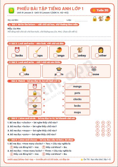 Phiếu bài tập cuối tuần Tiếng Anh lớp 1 tuần 20 đẹp, in màu: Unit 9 Lesson 3 · Unit 10 Lesson 1 (SGK tr. 42–43)