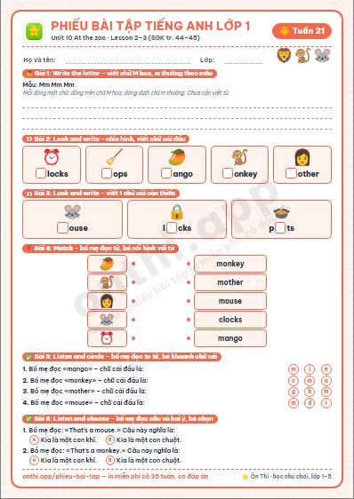 Phiếu bài tập Tiếng Anh lớp 1 tuần 21: Unit 10. At the zoo – Lesson 2, 3