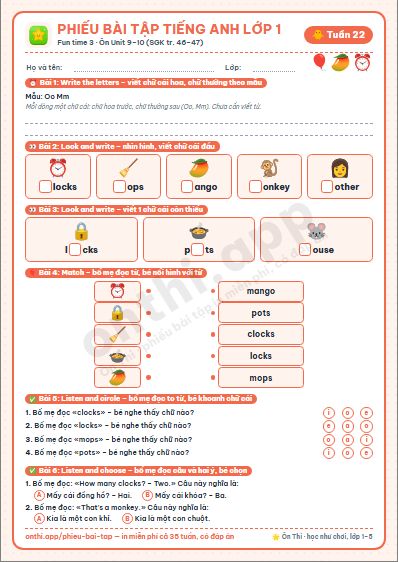 Phiếu bài tập cuối tuần Tiếng Anh lớp 1 tuần 22 đẹp, in màu: Fun time 3 · Ôn Unit 9–10 (SGK tr. 46–47)