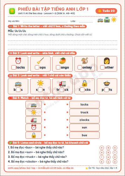 Phiếu bài tập cuối tuần Tiếng Anh lớp 1 tuần 23 đẹp, in màu: Unit 11 At the bus stop · Lesson 1–2 (SGK tr. 48–49)