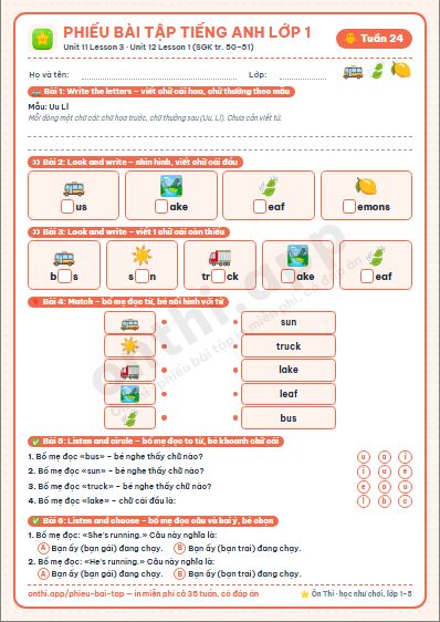 Phiếu bài tập cuối tuần Tiếng Anh lớp 1 tuần 24 đẹp, in màu: Unit 11 Lesson 3 · Unit 12 Lesson 1 (SGK tr. 50–51)