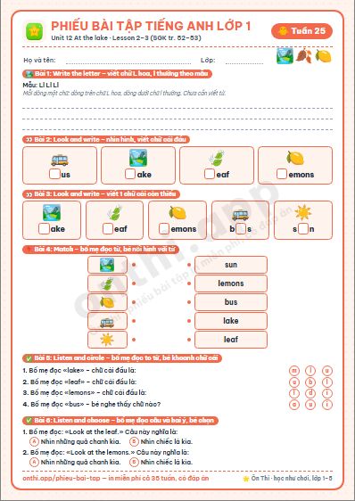 Phiếu bài tập cuối tuần Tiếng Anh lớp 1 tuần 25 đẹp, in màu: Unit 12 At the lake · Lesson 2–3 (SGK tr. 52–53)