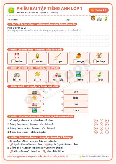 Phiếu bài tập cuối tuần Tiếng Anh lớp 1 tuần 26 đẹp, in màu: Review 3 · Ôn Unit 9–12 (SGK tr. 54–56)