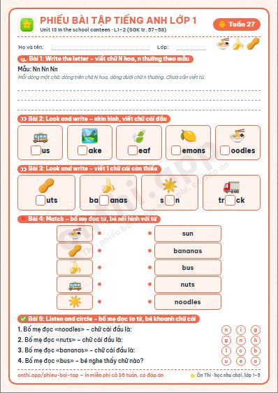 Phiếu bài tập cuối tuần Tiếng Anh lớp 1 tuần 27 đẹp, in màu: Unit 13 In the school canteen · L1–2 (SGK tr. 57–58)