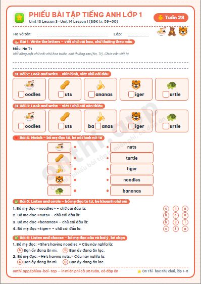 Phiếu bài tập cuối tuần Tiếng Anh lớp 1 tuần 28 đẹp, in màu: Unit 13 Lesson 3 · Unit 14 Lesson 1 (SGK tr. 59–60)
