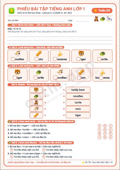 Phiếu bài tập cuối tuần Tiếng Anh lớp 1 tuần 29 đẹp, in màu: Unit 14 In the toy shop · Lesson 2–3 (SGK tr. 61–62)