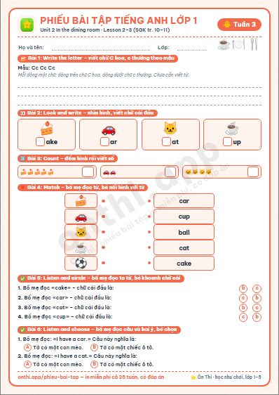 Phiếu bài tập cuối tuần Tiếng Anh lớp 1 tuần 3 đẹp, in màu: Unit 2 In the dining room · Lesson 2–3 (SGK tr. 10–11)