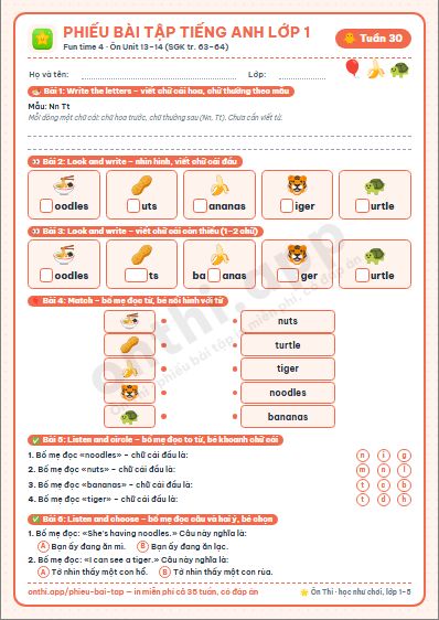 Phiếu bài tập cuối tuần Tiếng Anh lớp 1 tuần 30 đẹp, in màu: Fun time 4 · Ôn Unit 13–14 (SGK tr. 63–64)