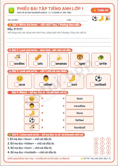 Phiếu bài tập cuối tuần Tiếng Anh lớp 1 tuần 31 đẹp, in màu: Unit 15 At the football match · L1–2 (SGK tr. 65–66)