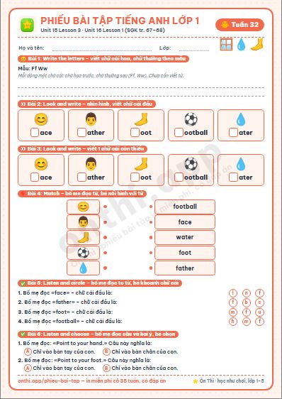 Phiếu bài tập cuối tuần Tiếng Anh lớp 1 tuần 32 đẹp, in màu: Unit 15 Lesson 3 · Unit 16 Lesson 1 (SGK tr. 67–68)
