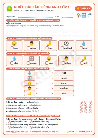 Phiếu bài tập Tiếng Anh lớp 1 tuần 33: Unit 16. At home – Lesson 2, 3