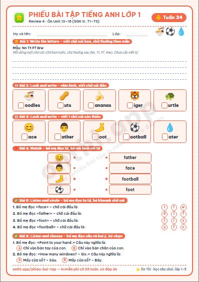 Phiếu bài tập cuối tuần Tiếng Anh lớp 1 tuần 34 đẹp, in màu: Review 4 · Ôn Unit 13–16 (SGK tr. 71–73)
