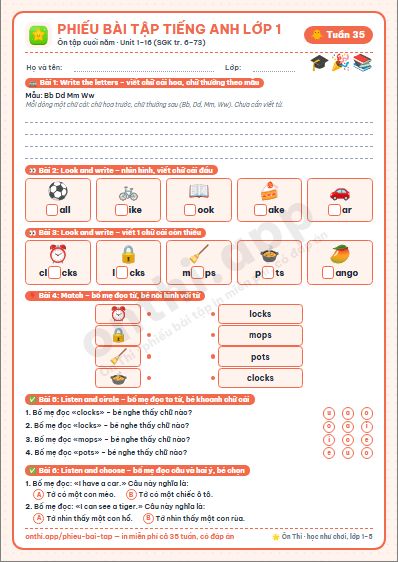 Phiếu bài tập Tiếng Anh lớp 1 tuần 35: Ôn tập cuối năm: Unit 1–16