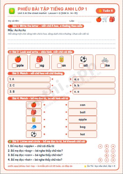 Phiếu bài tập cuối tuần Tiếng Anh lớp 1 tuần 5: Unit 3. At the street market – Lesson 1, 2 (tr. 14–15)