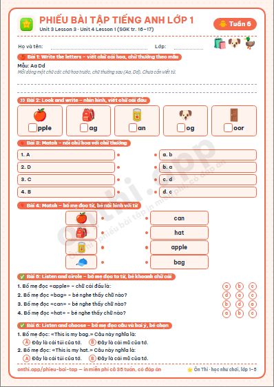 Phiếu bài tập cuối tuần Tiếng Anh lớp 1 tuần 6: Unit 3. At the street market – Lesson 3 (tr. 16), Unit 4. In the bedroom – Lesson 1 (tr. 17)