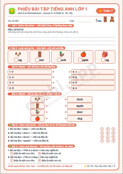 Phiếu bài tập cuối tuần Tiếng Anh lớp 1 tuần 7: Unit 4. In the bedroom – Lesson 2, 3 (tr. 18–19)