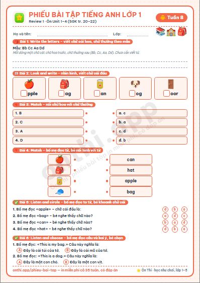 Phiếu bài tập cuối tuần Tiếng Anh lớp 1 tuần 8: Review 1 (tr. 20–22)