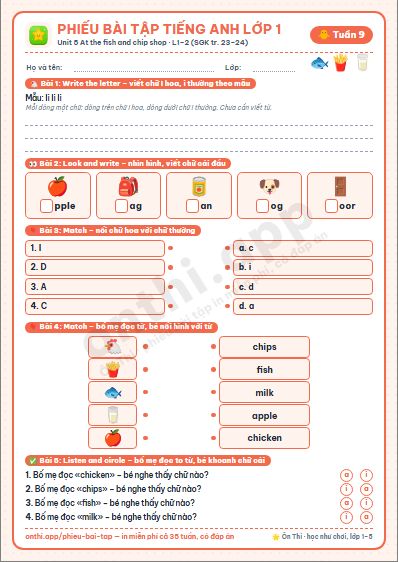 Phiếu bài tập cuối tuần Tiếng Anh lớp 1 tuần 9: Unit 5. At the fish and chip shop – Lesson 1, 2 (tr. 23–24)