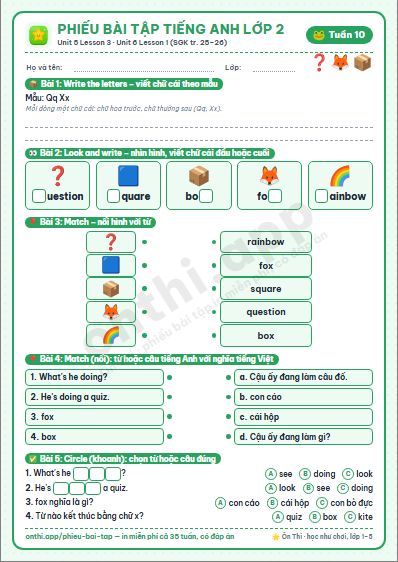 Phiếu bài tập cuối tuần Tiếng Anh lớp 2 tuần 10 đẹp, in màu: Unit 5 Lesson 3 · Unit 6 Lesson 1 (SGK tr. 25–26)