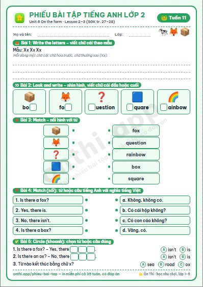 Phiếu bài tập cuối tuần Tiếng Anh lớp 2 tuần 11 đẹp, in màu: Unit 6 On the farm · Lesson 2–3 (SGK tr. 27–28)