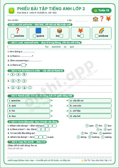 Phiếu bài tập cuối tuần Tiếng Anh lớp 2 tuần 12 đẹp, in màu: Fun time 2 · Unit 5–6 (SGK tr. 29–30)