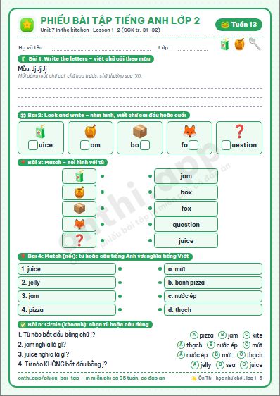 Phiếu bài tập cuối tuần Tiếng Anh lớp 2 tuần 13 đẹp, in màu: Unit 7 In the kitchen · Lesson 1–2 (SGK tr. 31–32)