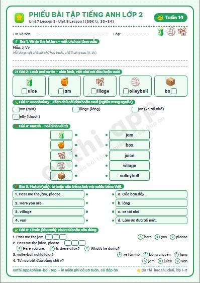 Phiếu bài tập cuối tuần Tiếng Anh lớp 2 tuần 14 đẹp, in màu: Unit 7 Lesson 3 · Unit 8 Lesson 1 (SGK tr. 33–34)