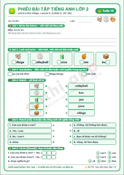 Phiếu bài tập cuối tuần Tiếng Anh lớp 2 tuần 15 đẹp, in màu: Unit 8 In the village · Lesson 2–3 (SGK tr. 35–36)