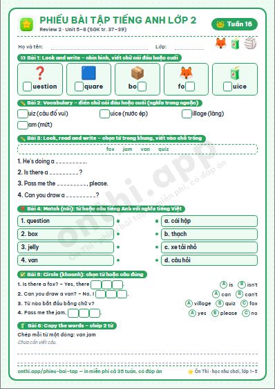 Phiếu bài tập cuối tuần Tiếng Anh lớp 2 tuần 16 đẹp, in màu: Review 2 · Unit 5–8 (SGK tr. 37–39)