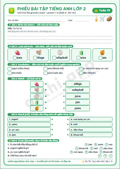 Phiếu bài tập Tiếng Anh lớp 2 tuần 19: Unit 9. In the grocery store – Lesson 1, 2