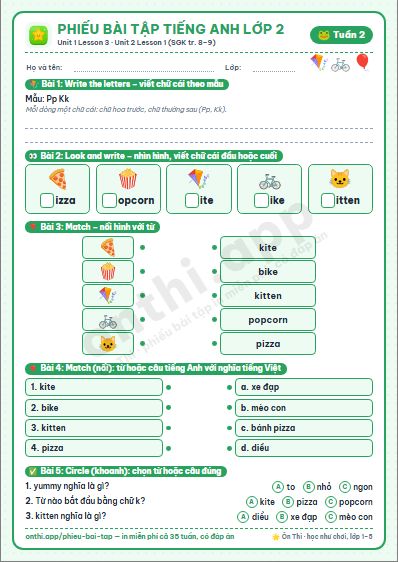 Phiếu bài tập cuối tuần Tiếng Anh lớp 2 tuần 2 đẹp, in màu: Unit 1 Lesson 3 · Unit 2 Lesson 1 (SGK tr. 8–9)