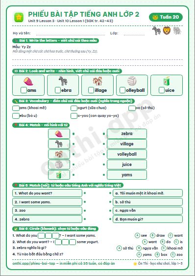 Phiếu bài tập Tiếng Anh lớp 2 tuần 20: Unit 9. In the grocery store – Lesson 3 · Unit 10. At the zoo – Lesson 1