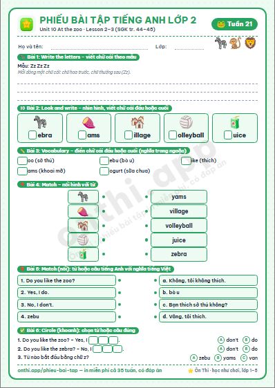 Phiếu bài tập Tiếng Anh lớp 2 tuần 21: Unit 10. At the zoo – Lesson 2, 3