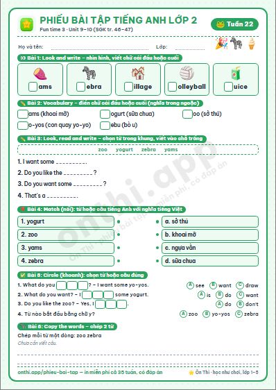 Phiếu bài tập Tiếng Anh lớp 2 tuần 22: Fun time 3 – ôn Unit 9–10