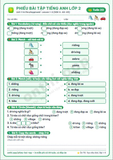 Phiếu bài tập Tiếng Anh lớp 2 tuần 23: Unit 11. In the playground – Lesson 1, 2