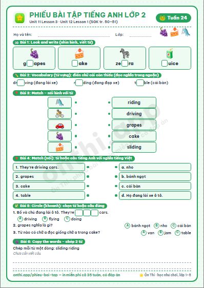 Phiếu bài tập Tiếng Anh lớp 2 tuần 24: Unit 11. In the playground – Lesson 3 · Unit 12. At the café – Lesson 1
