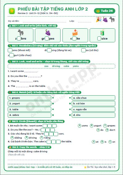 Phiếu bài tập Tiếng Anh lớp 2 tuần 26: Review 3 – ôn Unit 9–12