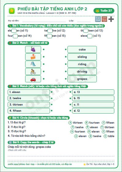 Phiếu bài tập Tiếng Anh lớp 2 tuần 27: Unit 13. In the maths class – Lesson 1, 2