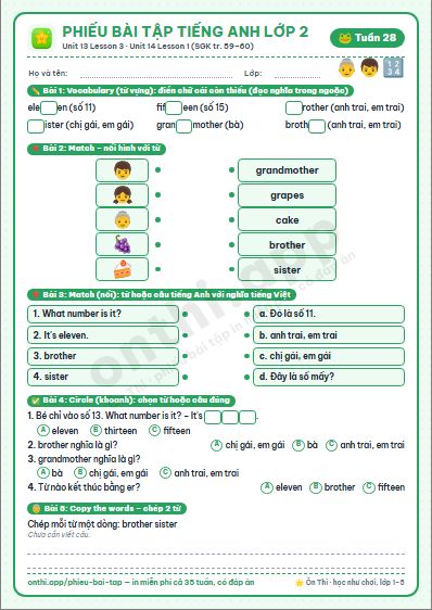 Phiếu bài tập Tiếng Anh lớp 2 tuần 28: Unit 13. In the maths class – Lesson 3 · Unit 14. At home – Lesson 1
